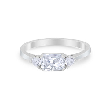 Three Stone Wedding Ring Emerald Cut Round Simulated CZ 925 Sterling Silver